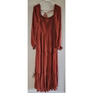 Boho Cottagecore Rust Maxi Dress with Baloon Sleeves and Lace Large